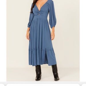 Blue midi sundress with scoop neck and bishop sleeves for casual work- Boot Barn